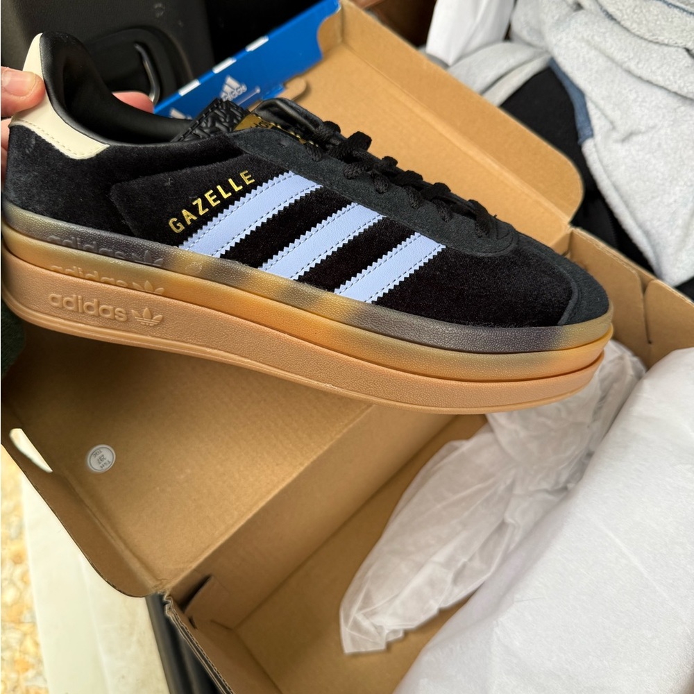 adidas Gazelle Black Suede Sneakers with light purple Stripes and Gum Sole